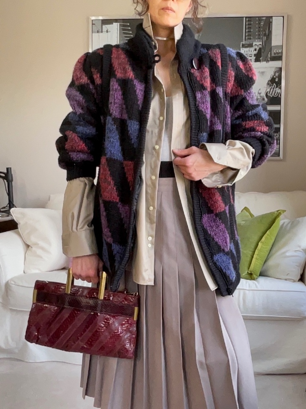 Vintage knit jacket with geometric triangle colourful pattern